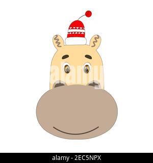 Colorful cute vector hippopotamus face in a winter hat. One object on a white background. Cartoon flat illustration. Emoji funny animal. Embarrassed Stock Vector