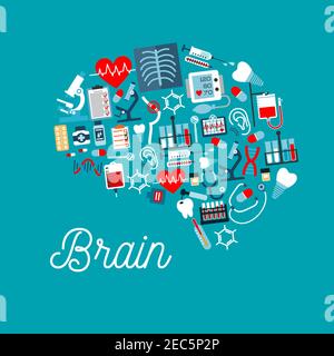 Medical icons in a shape of human brain with pills, syringes, thermometers, stethoscopes, hearts, blood bags, teeth, dentistry tools, microscopes, DNA Stock Vector