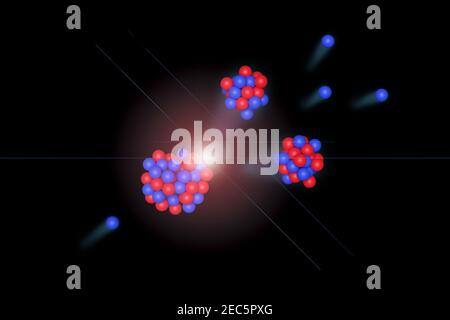 Neutron hitting an atomic nucleus, causing it to divide into two new nuclei and ejecting neutrons. 3d illustration. Stock Photo