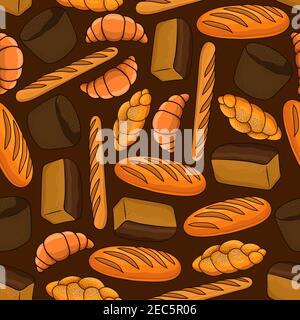 Fresh bread seamless pattern with loaves of dark rye and white bread, french croissant and baguette, braided bun with poppy seed on brown background. Stock Vector