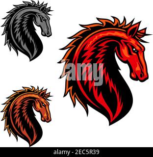 Wild mustang horse mascot with fiery red spiky mane and curved neck. Equestrian sporting symbol, horse racing or sports team mascot design Stock Vector
