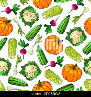 Seamless green onion, radish, zucchini, sweet pumpkin, cauliflower and chinese cabbage vegetables pattern. Agriculture harvest and organic farming the Stock Vector