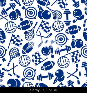 Sporting item and equipment seamless pattern with american football and volleyball ball, tennis racket, ice hockey stick and puck, bowling ball and ni Stock Vector