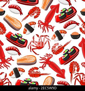 Seafood seamless pattern background. Vector flat icons of sushi, shrimp, squid, salmon, crab, rice, nori. Japanese oriental asian cuisine wallpaper fo Stock Vector