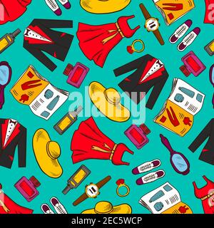 Clothes seamless background. Vector wallpaper with pattern icons of man, woman wear, dress, suit, hat, shoes, mirror, magazine, ring, makeup watch par Stock Vector