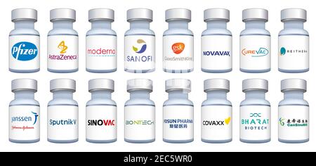 Year 2012 - Set of vials of anti virus vaccines with the logos of the companies that produce them around the world, vector illustration, editorial Stock Photo