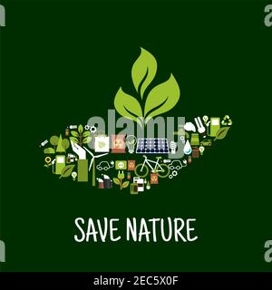 Save nature concept icon with green plant in human hand, compossed of solar panel, wind turbine, energy saving light bulbs, electric cars, biofuel, bi Stock Vector
