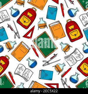 Chemistry and mathematics science background with school blackboards, books and pencils, notebooks, pens and triangle rulers, laboratory glass flasks, Stock Vector