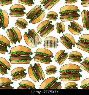 Fast food burgers seamless pattern with fresh vegetables of juicy beef patty, tomatoes and cucumbers on wheat bun with lettuce. For cafe menu or takea Stock Vector