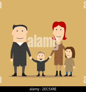 Happy family time, parenting, seasonal outdoor activity with kids concept design. Cartoon smiling parents with daughter and son having fun on a walk i Stock Vector