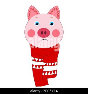 Colorful cute vector pig face in a winter scarf. One object on a white background. Cartoon flat illustration. Emoji funny pet animal. Embarrassed Stock Vector