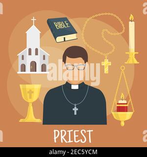 Young catholic priest icon wearing black cassock, glasses and cross with flat symbols of church building, the Bible, golden cup and candelabras with c Stock Vector