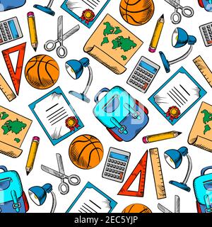 Colored sketched seamless school supplies and sporting items pattern on white background with pencils, rulers, calculators, school bags, basketball ba Stock Vector