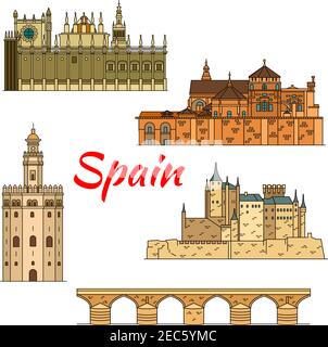Spanish historical travel landmarks thin line icon of moorish castle Alcazar of Segovia, Great Cathedral of Cordoba with Roman bridge, Cathedral of Sa Stock Vector