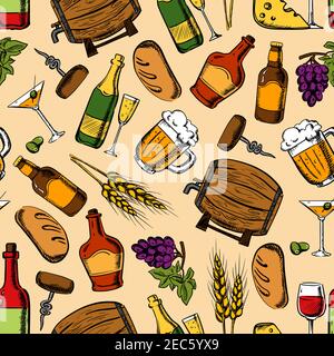 Alcohol drinks and cocktails with light snacks seamless pattern with wine, beer, champagne and whisky served with cheese, grapes, olives and rye bread Stock Vector