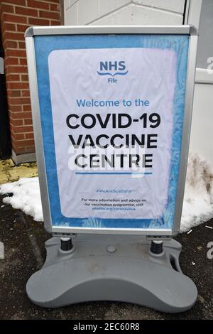 Covid-19 Vaccine Centre sign in Fife, Scotland, UK Stock Photo