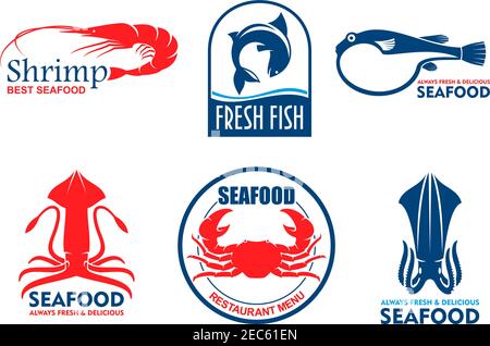 Seafood icons. Vector fish food products labels. Shrimp, squid, crab elements for signboard, menu, restaurant, shop, cafe, market merchandising Asian Stock Vector