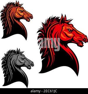 Aggressive mustang horse mascot with tribal stylized fiery red stallion with angry stare. Use as sporting club mascot or t-shirt print design Stock Vector