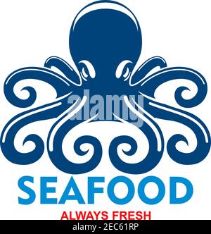 Giant pacific reef octopus icon for seafood badge template for restaurant or cafe menu design usage with blue mollusk with long and curled tentacles Stock Vector