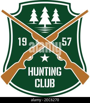 Dark green heraldic shield insignia with crossed hunting rifles and white silhouettes of fir trees, supplemented by foundation date and star. Hunting Stock Vector