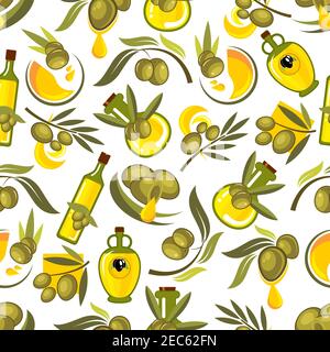 Seamless pattern of healthy organic italian olive oil in glass bottles and jars on white background with branches of olive tree, ripe green fruits and Stock Vector