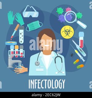 Infectious disease medicine symbol of infectiologist with flat icons of laboratory protective equipments and bio hazard sign, pills, thermometer and v Stock Vector