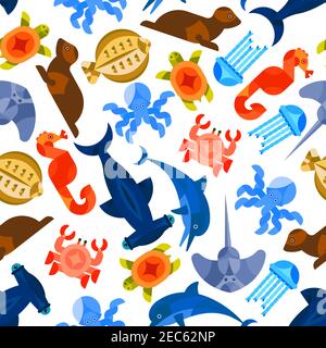 Ocean and sea animals and fishes seamless background. Wallpaper with vector pattern of stylized mosaic icons octopus, crab, jellyfish, hammer fish, se Stock Vector