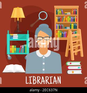 Smiling female librarian symbol for profession design usage with flat icons of library wooden bookshelf and ladder, book cart with vintage lamp, magni Stock Vector