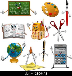 Chalkboard with math formulas, school book, fountain pen, scissors, calculator, globe, school bag, paintbrush with art palette and compasses cartoon c Stock Vector