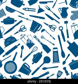 Kitchen appliances seamless background. Wallpaper with vector pattern of cooking utensils silhouette icons fork, knife, scissors, pot, pan, rolling pi Stock Vector