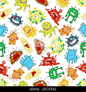 Seamless pattern of funny monsters and aliens characters with spotted bodies, wavy tentacles, pseudopods and toothy smiles on white background. Childi Stock Vector