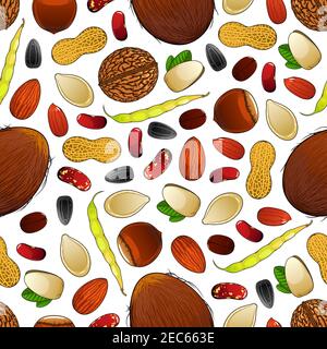 Seamless pattern of peanuts, hazelnuts, almonds, pistachios, coconuts, walnuts, roasted coffee, yellow pods and dried kidney beans, sunflower and pump Stock Vector