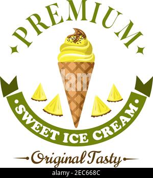 Refreshing fruity ice cream badge, framed by header Premium and ribbon banner below. Pineapple soft serve ice cream cone icon with slices of fresh pin Stock Vector