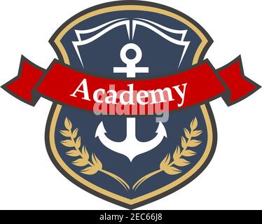 Maritime academy heraldic badge in a shape of medieval shield with book, marine anchor and laurel branches, supplemented by ribbon banner. Nautical he Stock Vector