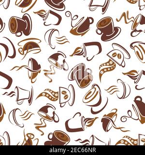 Espresso coffee beverages pattern with brown seamless background of demitasse cups with fresh brewed coffee, decorated by roasted beans and swirls of Stock Vector