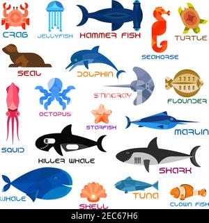 Oceanarium animals and fishes. Ocean and sea vector icons of crab, jellyfish, hammerhead fish, seahorse, turtle, seal, dolphin, squid, octopus, stingr Stock Vector