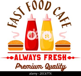 Fast food cafe lunch menu design element with cartoon icon of hamburgers served with squeeze bottles of ketchup and mustard sauces. Fast food hamburge Stock Vector