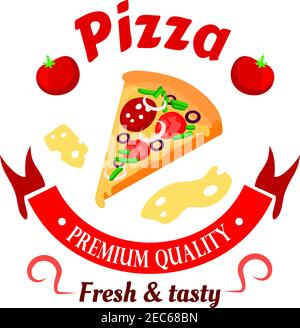 Premium italian pizza icon topped with salami, olives, tomatoes and peppers vegetables surrounded by ribbon banner, fresh tomatoes and cheese slices a Stock Vector