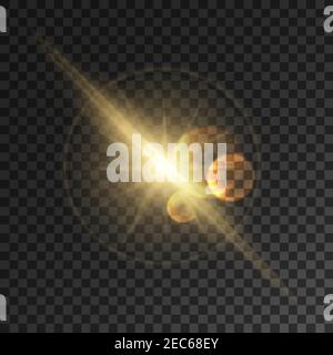 Glowing light flash. Space star burst explosion with lens flare effect. Sparkling vector sun rays and bright golden beams. Transparent background Stock Vector