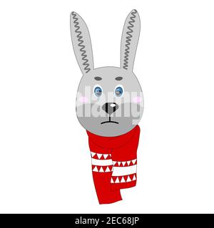 Colorful cute vector hare face in a winter scarf. One object on a white background. Cartoon flat illustration. Emoji funny animal. Embarrassed smile Stock Vector