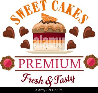 Red velvet mini cake icon for bakery shop interior or cafe menu design with petit fours topped by caramel sauce and orange fruit slice, surrounded by Stock Vector