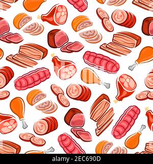 Beef and pork sausage, bacon, ham and chicken leg seamless pattern on white background. Stock farming, butcher shop and food packaging design Stock Vector