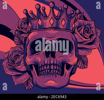 Vector illustration human death skull in crown with roses Stock Vector