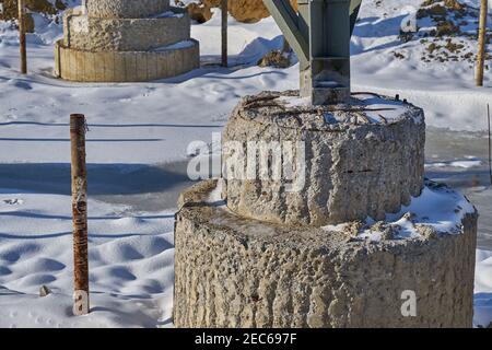 High voltage pylon, maintenance, foundation works, reinforcing Stock Photo