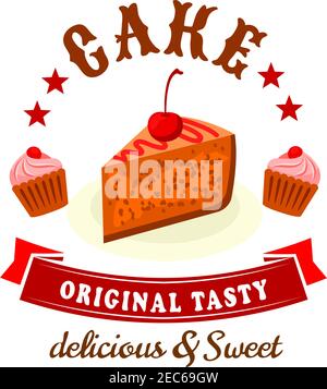 Bakery and pastry shop badge with chocolate cake and cupcakes topped with cherries and cream swirls. Delicious and sweet cakes icon supplemented by re Stock Vector
