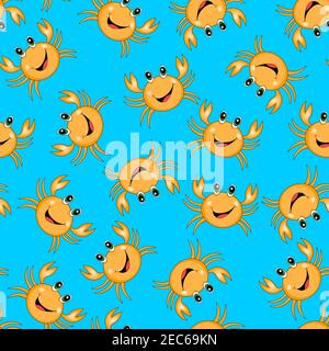 Seamless pattern with cute orange crab on blue background. Vector animals colorful illustration. Adorable character for cards, wallpaper, textile Stock Vector