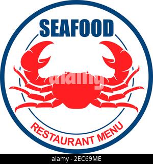 Atlantic red crab on dinner plate with text Seafood and Restaurant Menu. Retro stylized symbol for restaurant or bar menu design Stock Vector