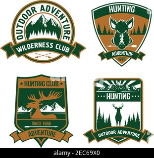 Hunting club emblems set. Wild animal deer, elk, boar, antlers, head, arrow silhouette vector icons. Hunt adventure icon with mountains, forest, wildl Stock Vector