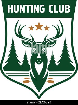 Retro badge for hunting club design. Dark green medieval shield with head of a deer crowned by stars and silhouettes of fir trees on the horizon Stock Vector