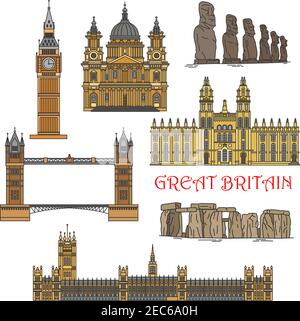 Popular travel landmarks of Great Britain and Chile icon with colorful Windsor Castle, Big Ben, Tower Bridge, St Paul Cathedral, prehistoric monuments Stock Vector